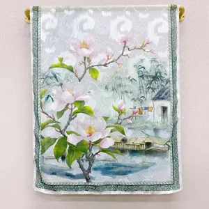 Chinese style hollow-out garden print scarf detail, elegant floral pattern shawl.