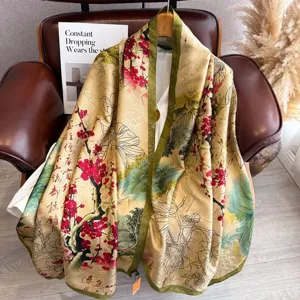 Vintage Chinese style printed long silk scarf shawl for women summer sun protection