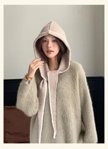 Knit balaclava hooded scarf women autumn solid color warm winter headwear detailed shot
