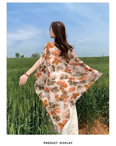 Ethnic floral silk scarf women summer air-conditioned room shawl Chinese style cape detail