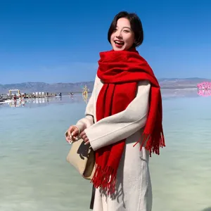 Solid color wool scarf for women winter thick warm cozy elegant shawl wrap neck