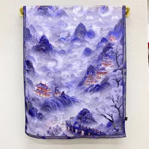 Close-up detail of the traditional Chinese landscape print on lightweight purple gauze scarf.