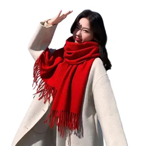 Solid color red wool scarf for women winter warm fringe shawl elegant fashion neck wrap outdoor