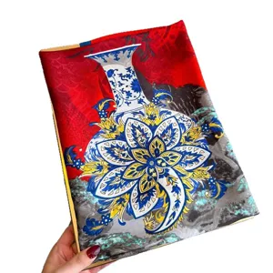 Elegant blue and white porcelain silk scarf floral vintage summer sun protection shawl