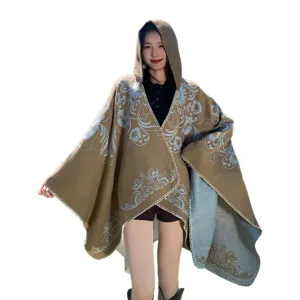 Cape à capuche ethnique pour femme hiver chaud vêtements d'extérieur photo voyage