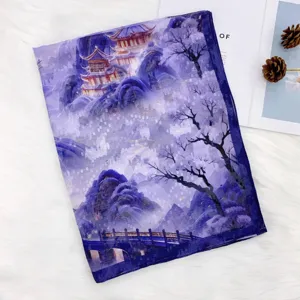 Traditional Chinese style purple landscape printed hollow out silk scarf shawl sunscreen wrap.