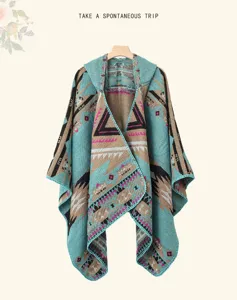 Women ethnic knitted hooded cape shawl retro geometric winter warm outer wear poncho 2025