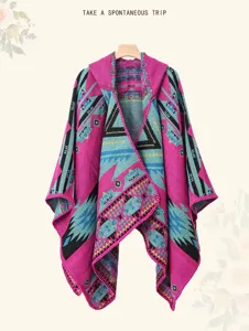 Women ethnic knit hooded poncho vintage colorblock shawl cape winter warm outer wear detail