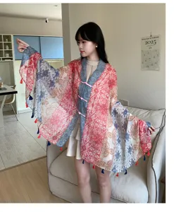 New Chinese style ethnic print sun protection shawl, lightweight tassel cape for women daily.