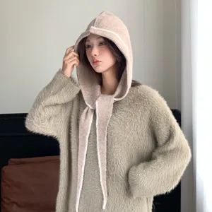 Stylish solid color knitted balaclava warm hooded headscarf for women autumn daily wear