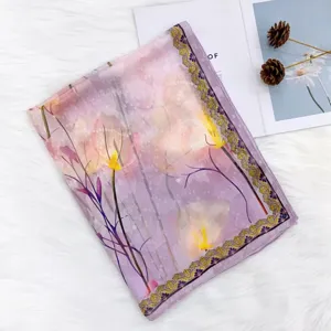 Elegant women's purple floral print hollow-out silk scarf, stylish garden wrap shawls.