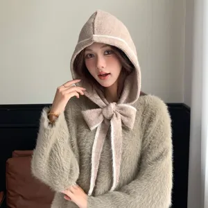 Women knit balaclava winter warm hooded scarf cute bow tie solid color stylish outdoor headwear