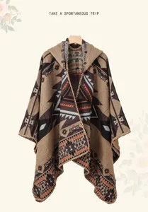Ethnic style knitted hooded poncho cloak, vintage geometric pattern warm outerwear.