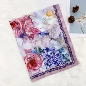Elegant women's silk scarf featuring art oil painting floral print and a chic purple border.