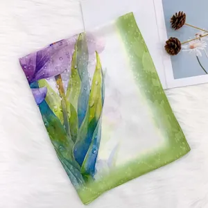 Women's green garden floral print silk scarf shawl elegant sun protection gauze wrap.