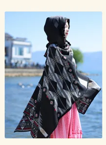 Women ethnic knit hooded cape vintage geometric pattern warm shawl outdoor stylish cloak coat