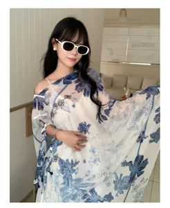 New Chinese style floral summer sun protection shawl scarf, lightweight versatile beach wrap.