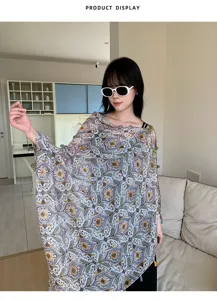 New Chinese style ethnic print sun protection shawl breathable lightweight women summer scarf.