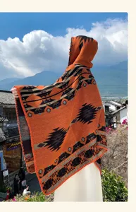 Women ethnic knitted hooded poncho cape retro tribal geometric pattern casual outerwear outer