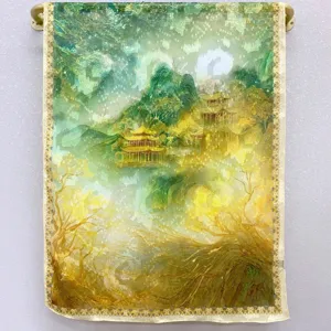 Chinese traditional style garden print silk scarf, elegant green and gold scenic shawl.