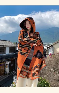 Ethnic knit hooded cloak women retro geometric pattern shawl autumn winter outdoor fashion cape