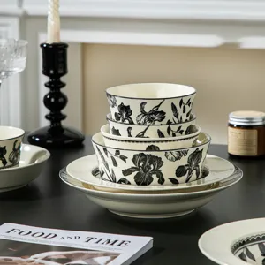 Juego de cuenco y plato de cerámica retro patrón floral blanco y negro vajilla para cocina y hogar.