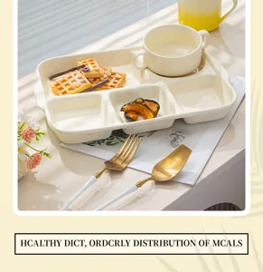 Detailed view of the ceramic divided breakfast tray with a matching small bowl and utensils.
