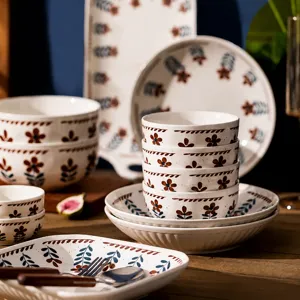 Retro Floral Ceramic Bowl Plate Set Japanese Style Underglaze Tableware Kitchen Dining Dinnerware Home Food Serving Dish