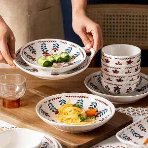 Japanese ceramic tableware set bowl plate underglaze color floral kitchen dinnerware