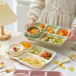 Creative ceramic divided breakfast plate with bowl, elegant cream style aesthetic tableware set.