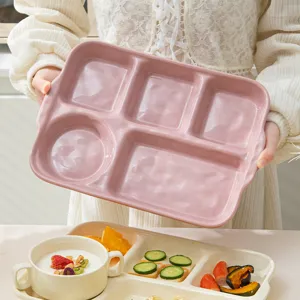 Pink ceramic partitioned breakfast plate split meal tray food container minimal style tabletop