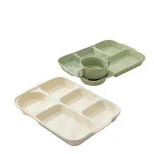 Ceramic partitioned breakfast plate set, minimalist cream style dinner tray for home use.