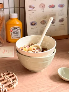 Ceramic rice bowl set, glazed cereal bowl, fruit salad bowl with spoon for kitchen.