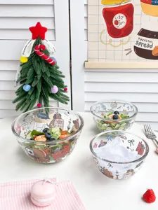 Bol de ensalada de vidrio transparente con bonitos dibujos animados, ideal para fruta y postres.