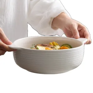 White ceramic double-ear soup bowl with stripe design, large capacity for household use.