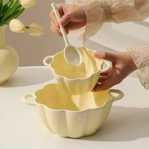 Cream Style Ceramic Double Ear Bowl Cute Ins Style Large Soup Bowl Noodle Bowl Household Tableware With Spoon