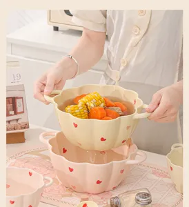 Ceramic double ear bowl detail, cute heart pattern soup salad noodle bowl kitchen tabletop.