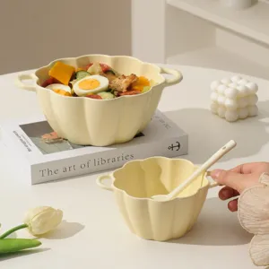 Cream ceramic double ear soup bowl cute kitchen noodle bowl set with matching spoon