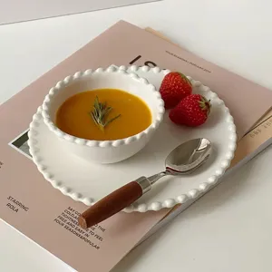 Vajilla de Cerámica de Alta Gama Francesa Cuenco Plato Doméstico Cuenco de Sopa con Borde de Cuentas Blancas Plato de Postre
