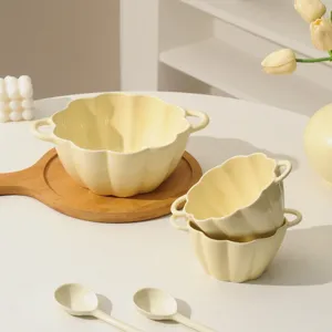 Cream style ceramic double ear bowl, cute flower shaped soup bowl for home use, main view.