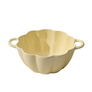 Cream ceramic double ear bowl cute soup bowl large instant noodle bowl cute table tableware