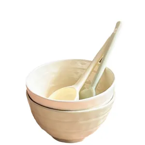 Ceramic rice bowl set with spoons, aesthetic tableware for household breakfast, yogurt and salad.