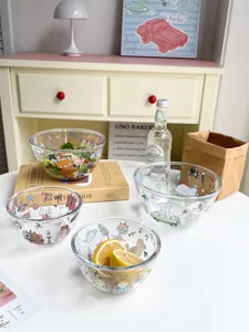 Bol de ensalada de vidrio de borosilicato transparente con dibujo lindo para frutas