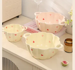 Ins style ceramic double ear bowl with cute heart pattern, perfect for soup, salad and instant noodles.