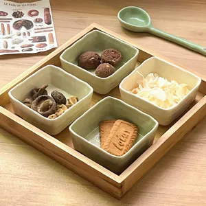 Ceramic dipping bowls set with wooden tray, Japanese style sauce dishes for kitchen table.