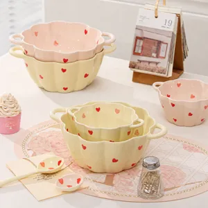Ins style ceramic double-ear bowl set with cute heart pattern for home kitchen soup salad.