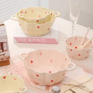 Ins style ceramic bowl double handle cute heart pattern tableware salad soup bowl