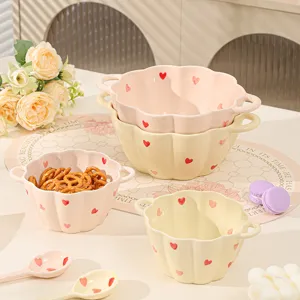 Ins style ceramic double ear bowl set cute heart pattern soup salad noodle bowl kitchen tableware