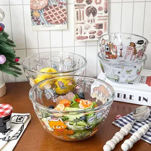 Bol de Ensalada de Vidrio Borosilicato Claro Lindo Dibujo Animado Animal Fruta Postre Bol Hogar Vajilla Multifuncional