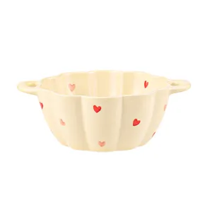 Ceramic double-ear bowl with cute red hearts design, perfect for daily home dining.